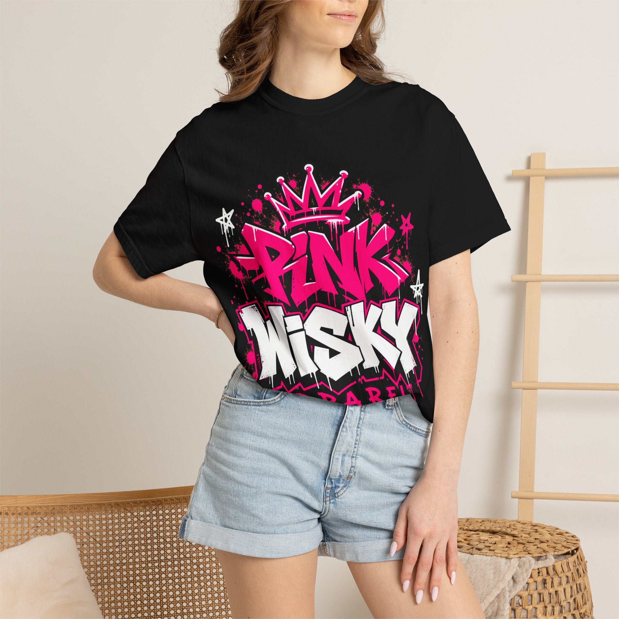 Pink Wisky Apparel Graffiti T-Shirt — Bold Pink Crown Streetwear Tee