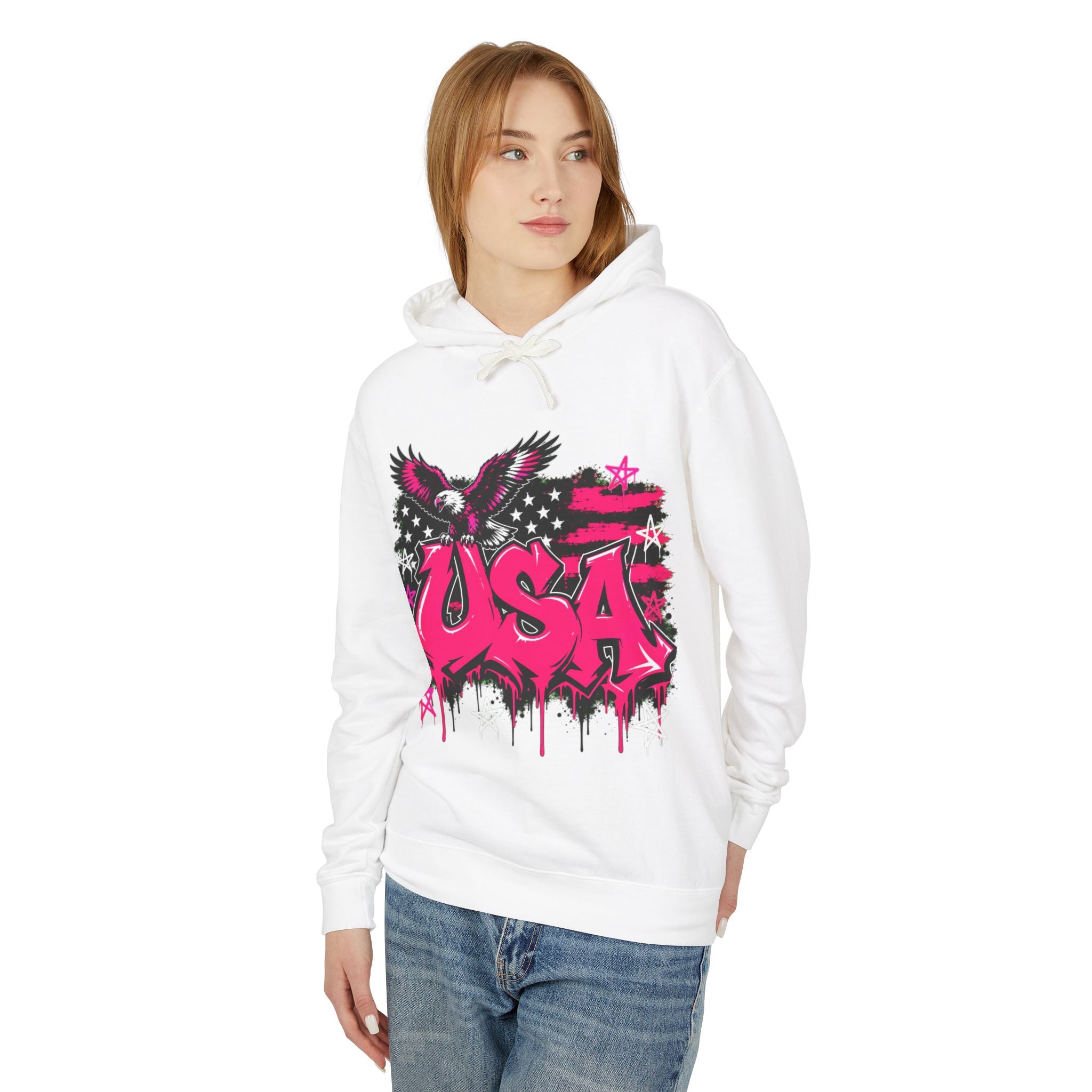USA Graffiti Eagle Hoodie – Pink Patriotic Flag Sweatshirt