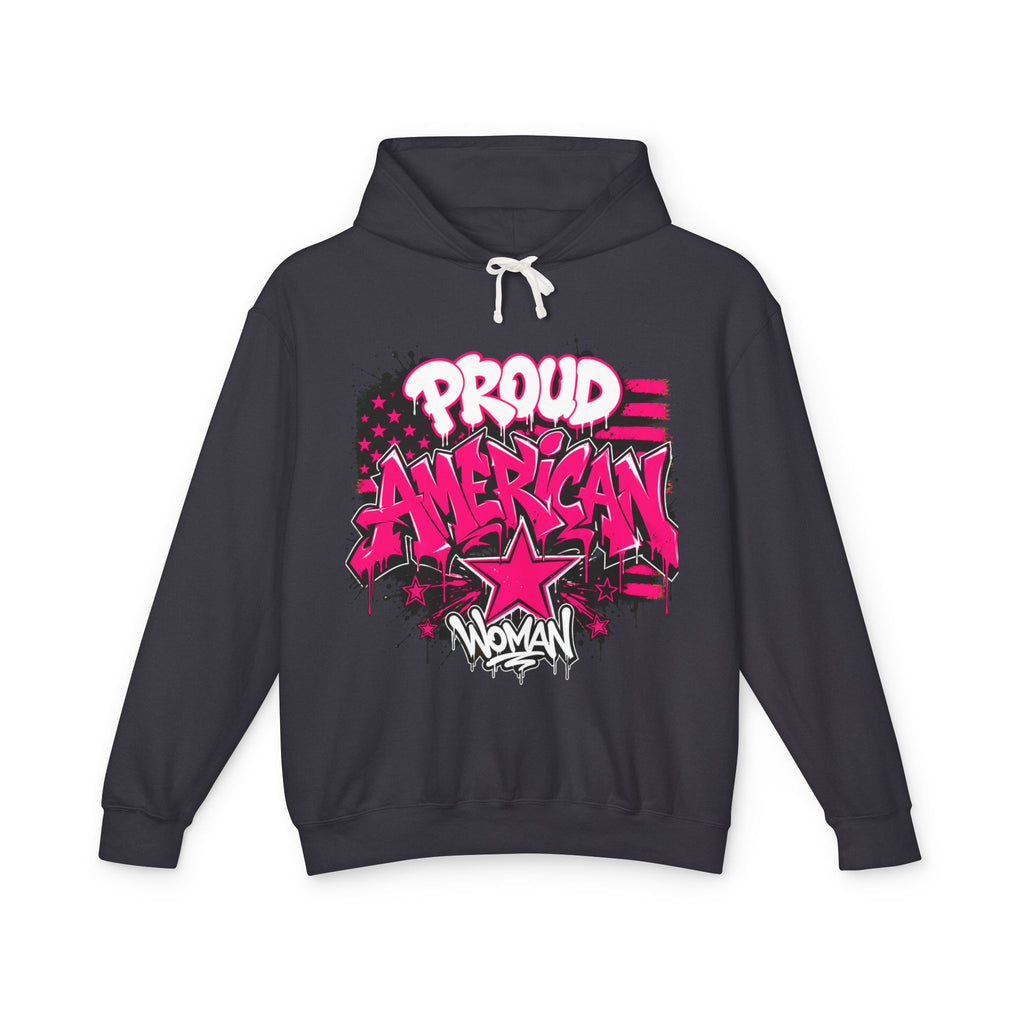 Proud American Woman Hoodie — Pink Graffiti Star Patriotic Pullover