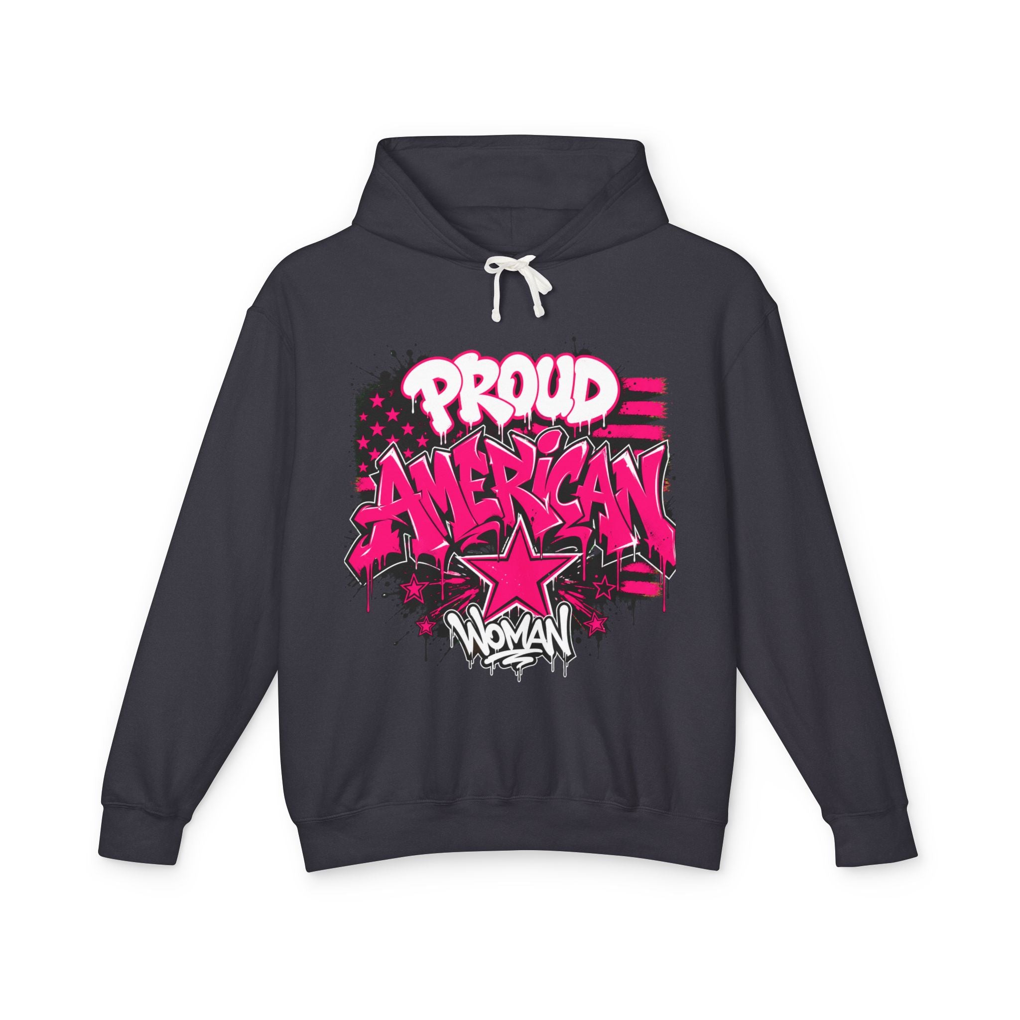 Proud American Woman Hoodie — Pink Graffiti Star Patriotic Pullover