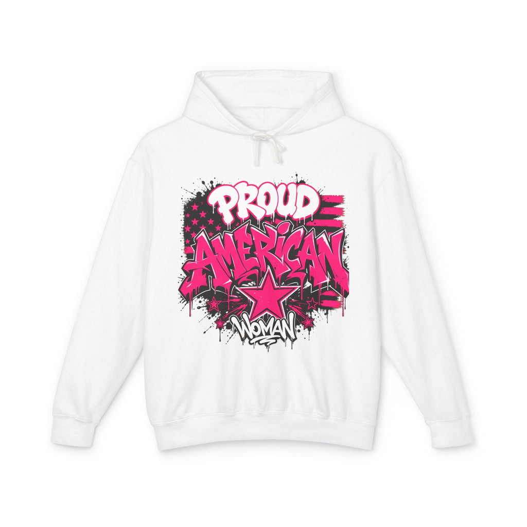 Proud American Woman Hoodie — Pink Graffiti Star Patriotic Pullover