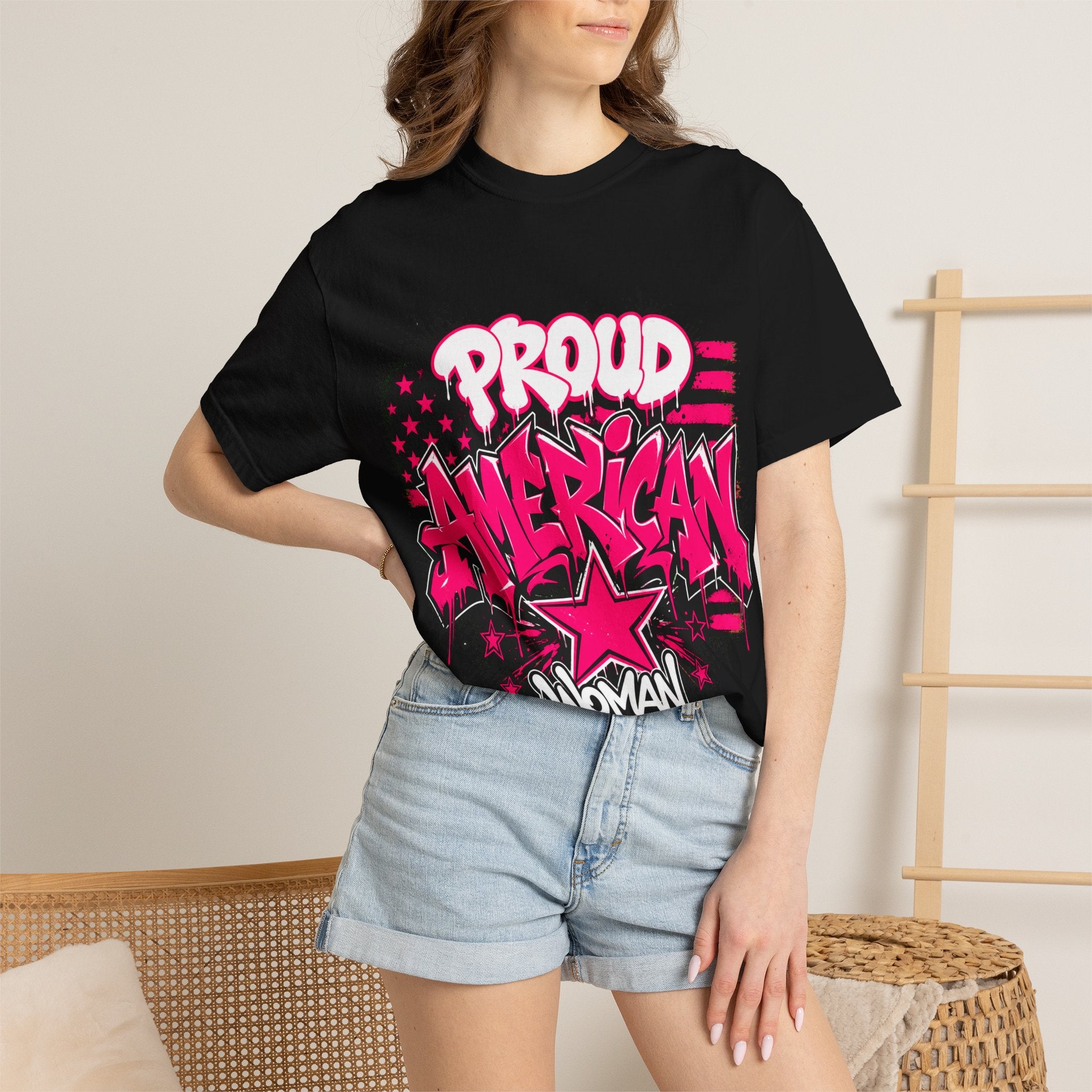 Proud American Woman Graphic T-Shirt — Patriotic Pink Graffiti Tee