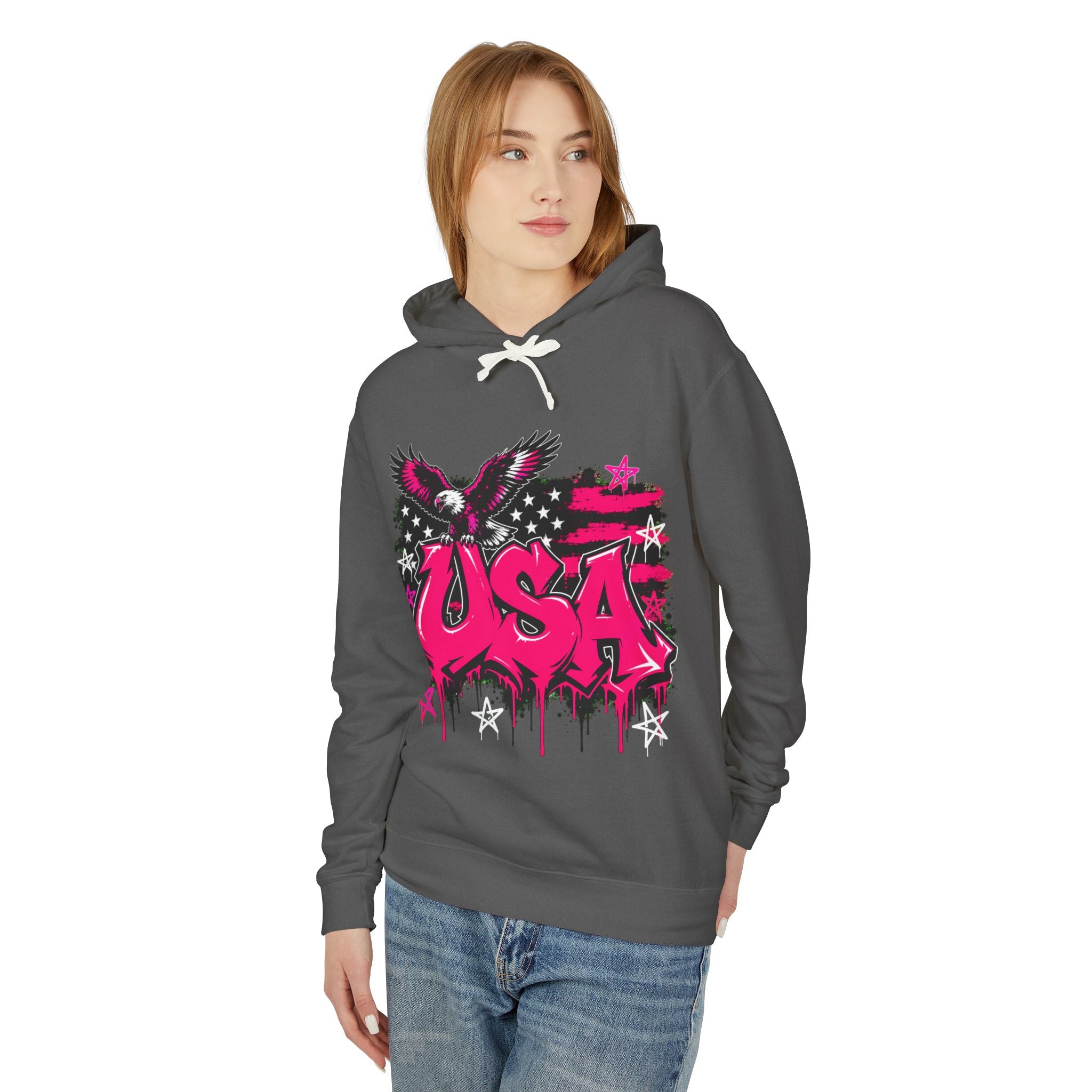 USA Graffiti Eagle Hoodie – Pink Patriotic Flag Sweatshirt
