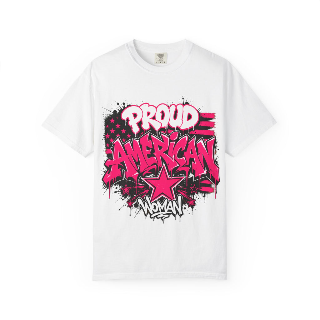 Proud American Woman Graphic T-Shirt — Patriotic Pink Graffiti Tee