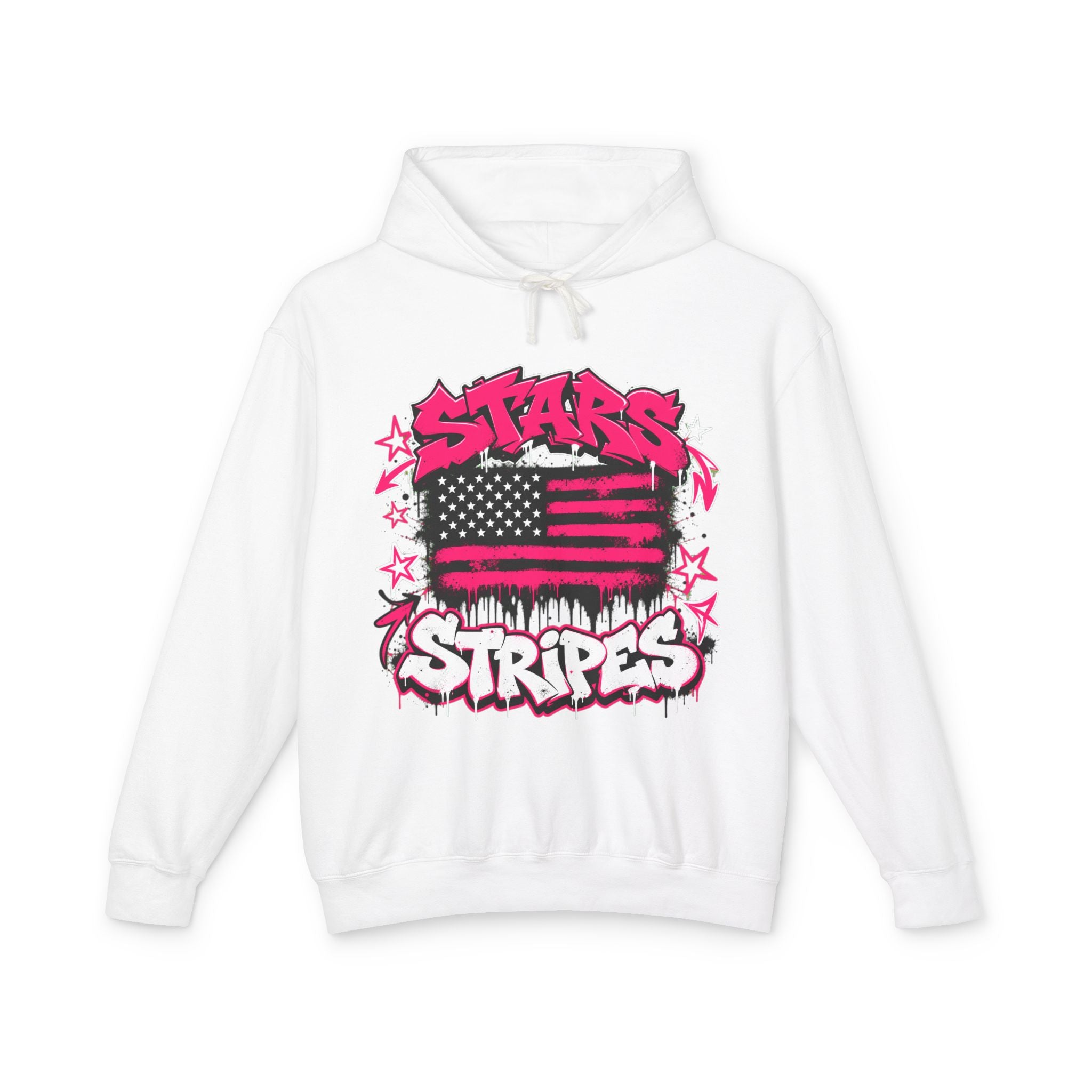 Stars & Stripes Hoodie — Pink Graffiti American Flag Pullover