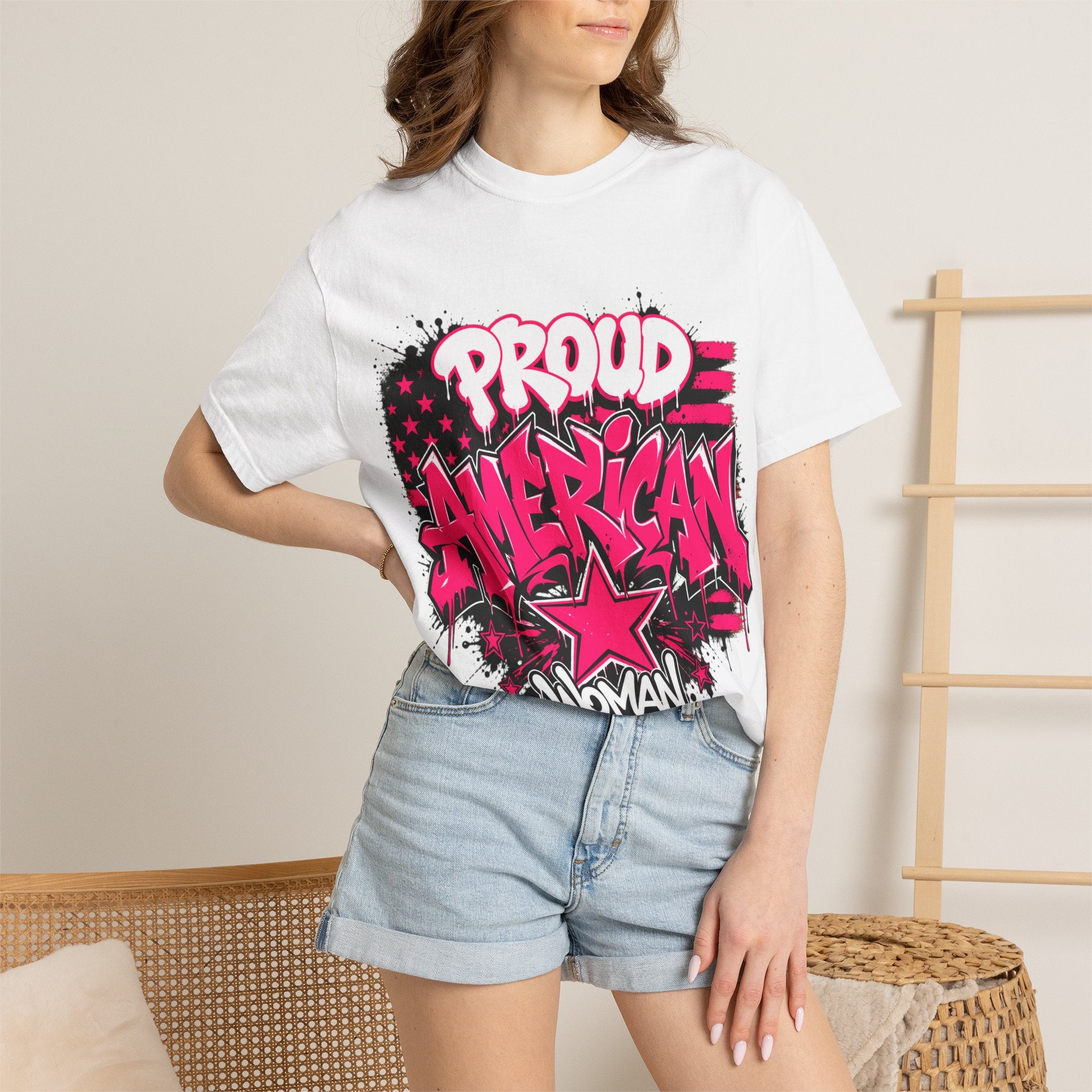Proud American Woman Graphic T-Shirt — Patriotic Pink Graffiti Tee
