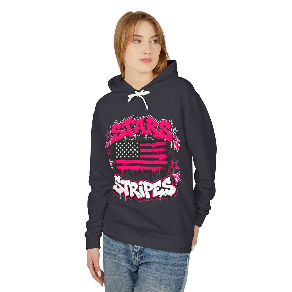 Stars & Stripes Hoodie — Pink Graffiti American Flag Pullover