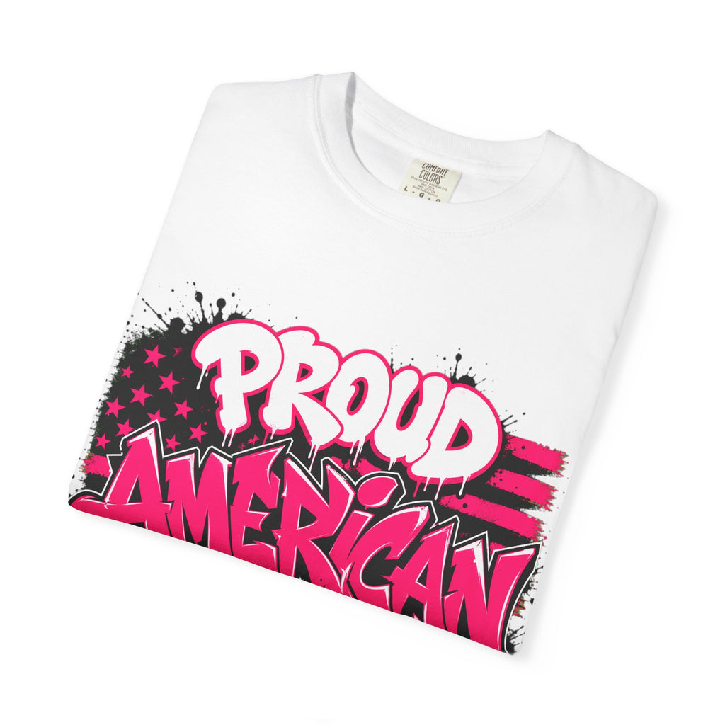 Proud American Woman Graphic T-Shirt — Patriotic Pink Graffiti Tee