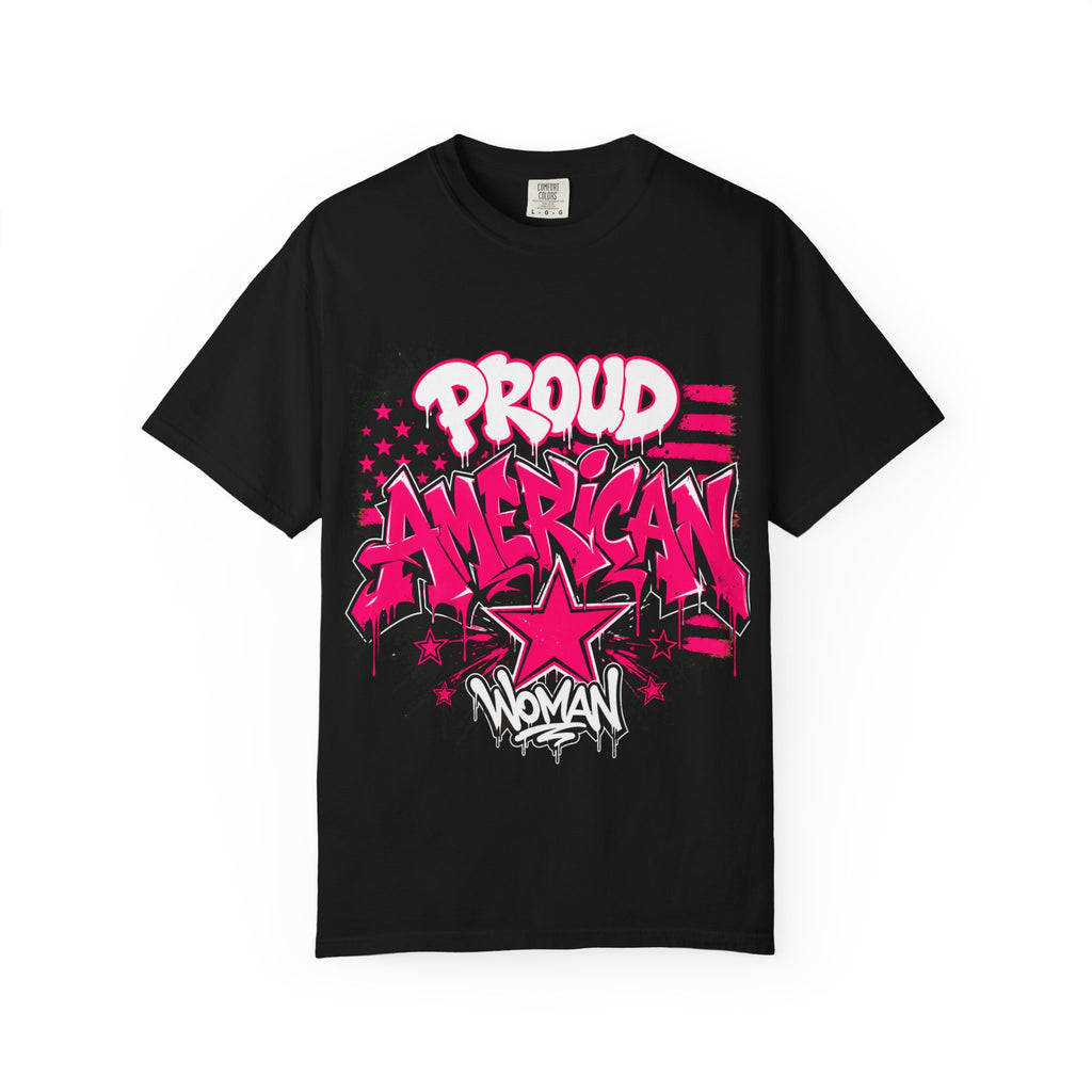Proud American Woman Graphic T-Shirt — Patriotic Pink Graffiti Tee