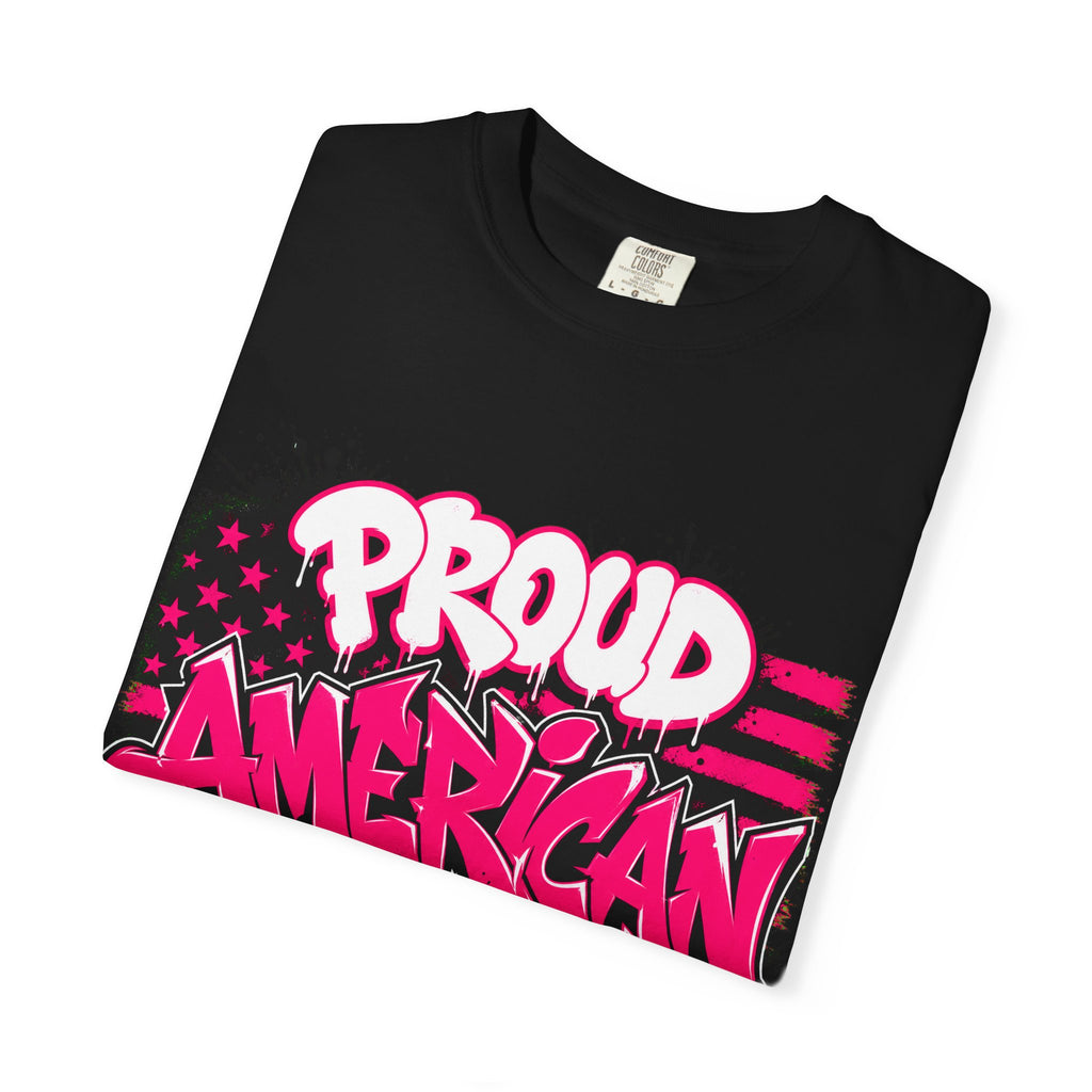 Proud American Woman Graphic T-Shirt — Patriotic Pink Graffiti Tee