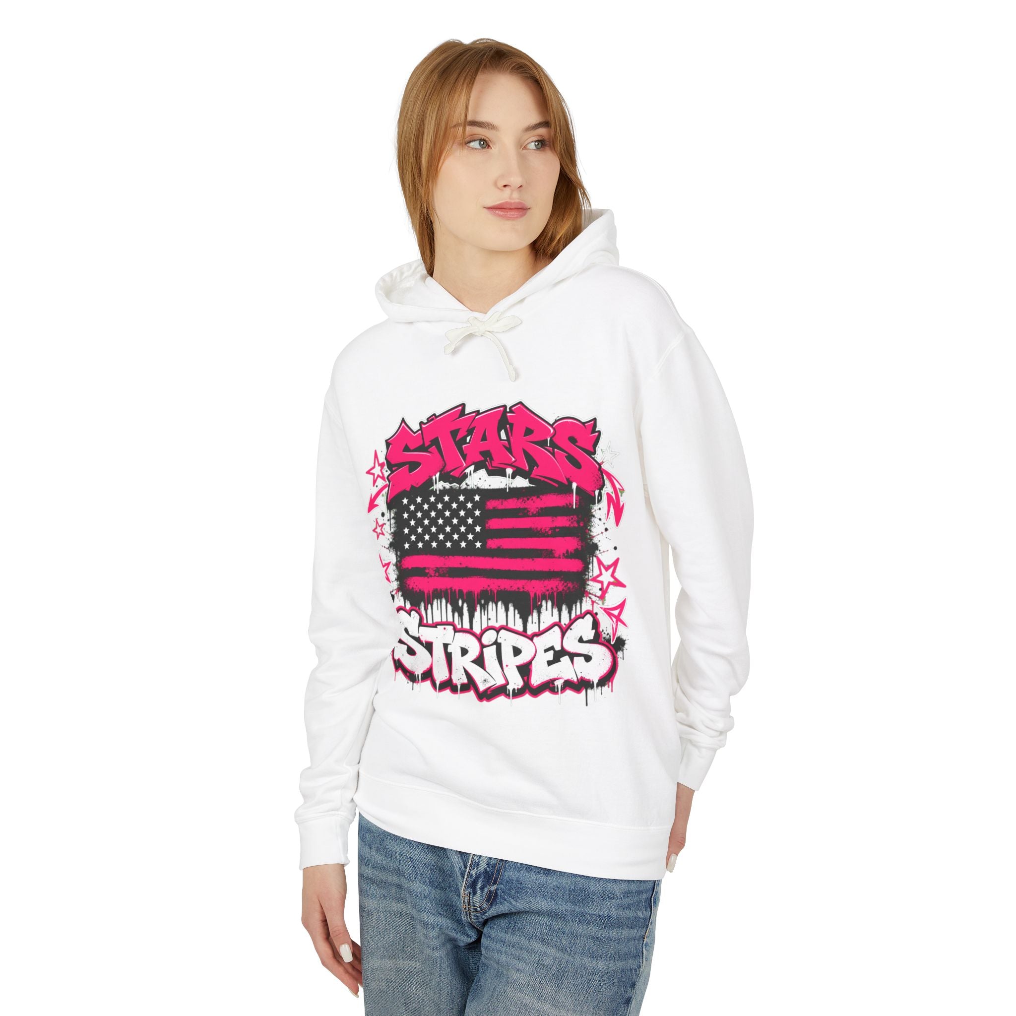 Stars & Stripes Hoodie — Pink Graffiti American Flag Pullover