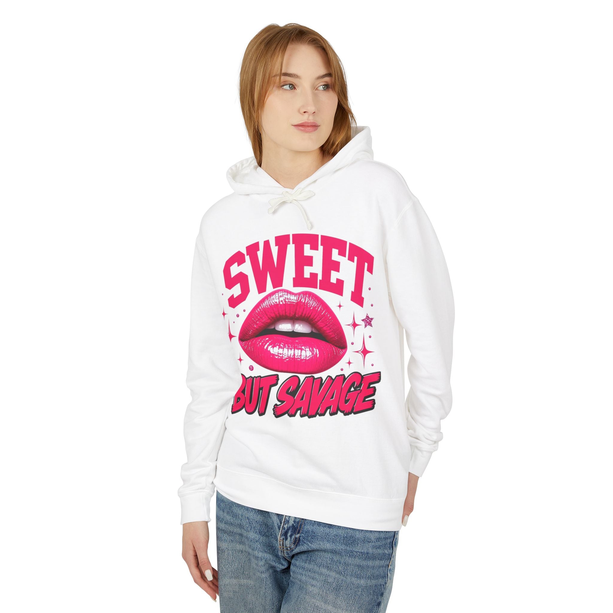Sweet But Savage Hoodie — Graphic Lip Print Lightweight Hooded Sweatshirt