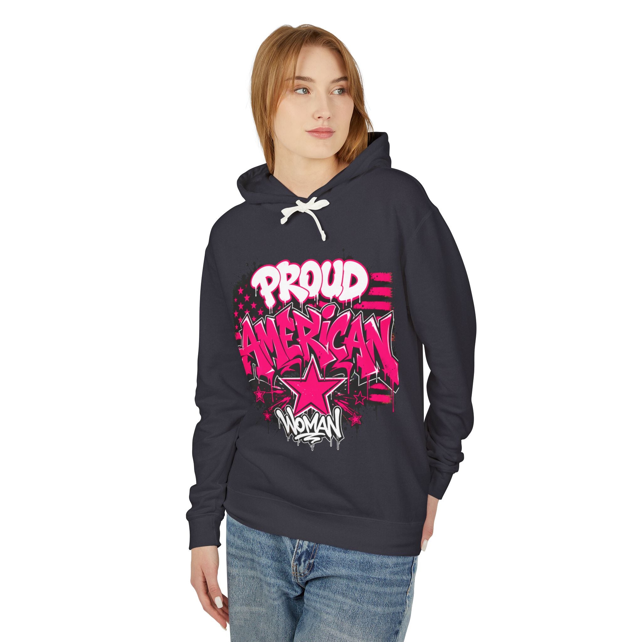 Proud American Woman Hoodie — Pink Graffiti Star Patriotic Pullover